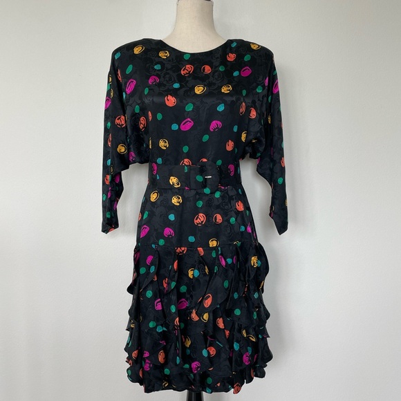 Vintage 80s Maggie London 100% Silk Drop Waist Print Size Small Dress - Picture 3 of 8